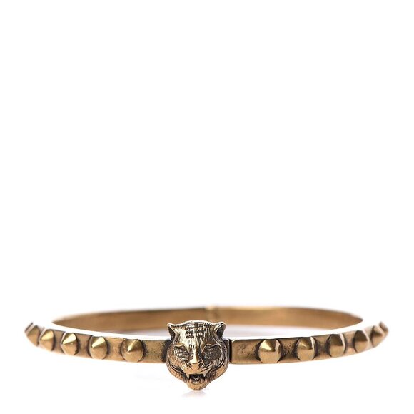 Gucci Metal Studded Feline Head Bracelet in Aged Gold - Picture 3 of 8